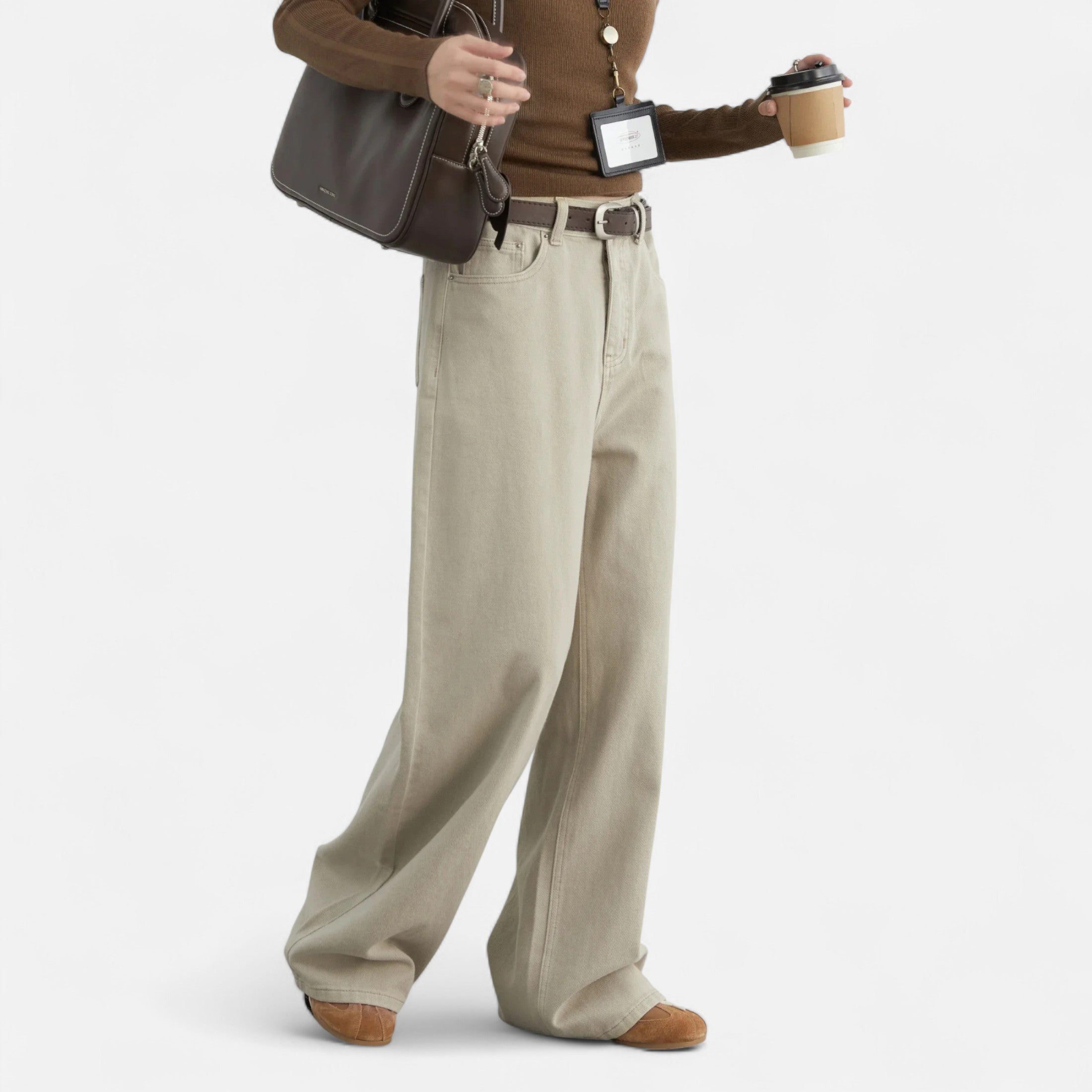 Anne &amp; Mari | Naiste Kõrge Vöökoht Üksik Puuvillased Püksid – Lai Jalg Elegants