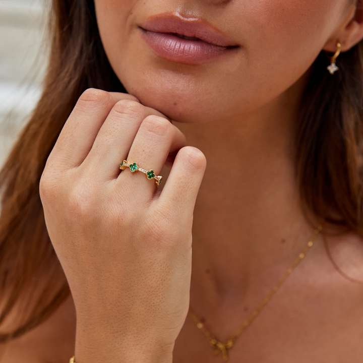 Prsteň šťastia s trojlístkom a kryštálmi 